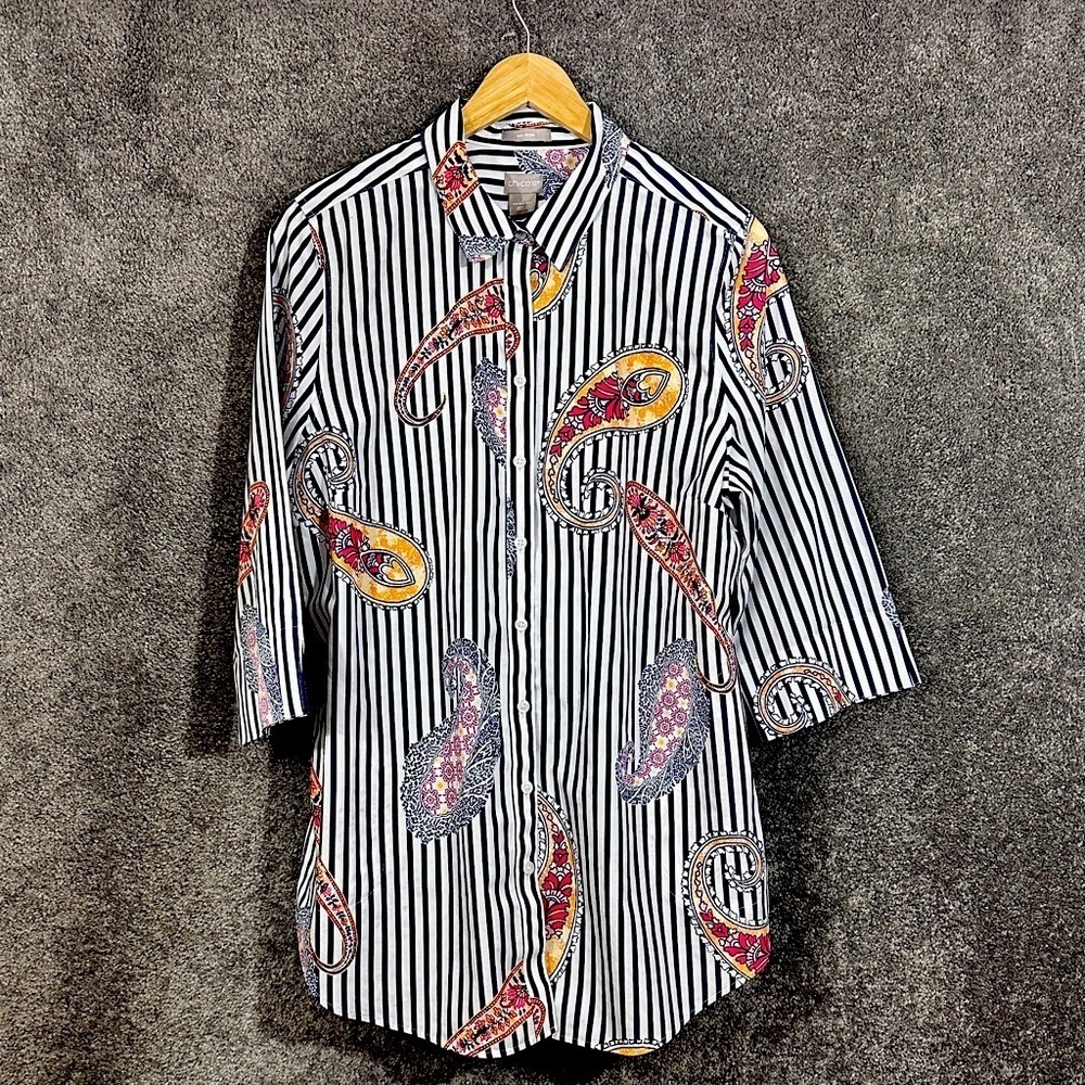 Chicos No Iron Button Down Shirt Size 2 (12/14) Navy Stripe Paisley 100% Cotton